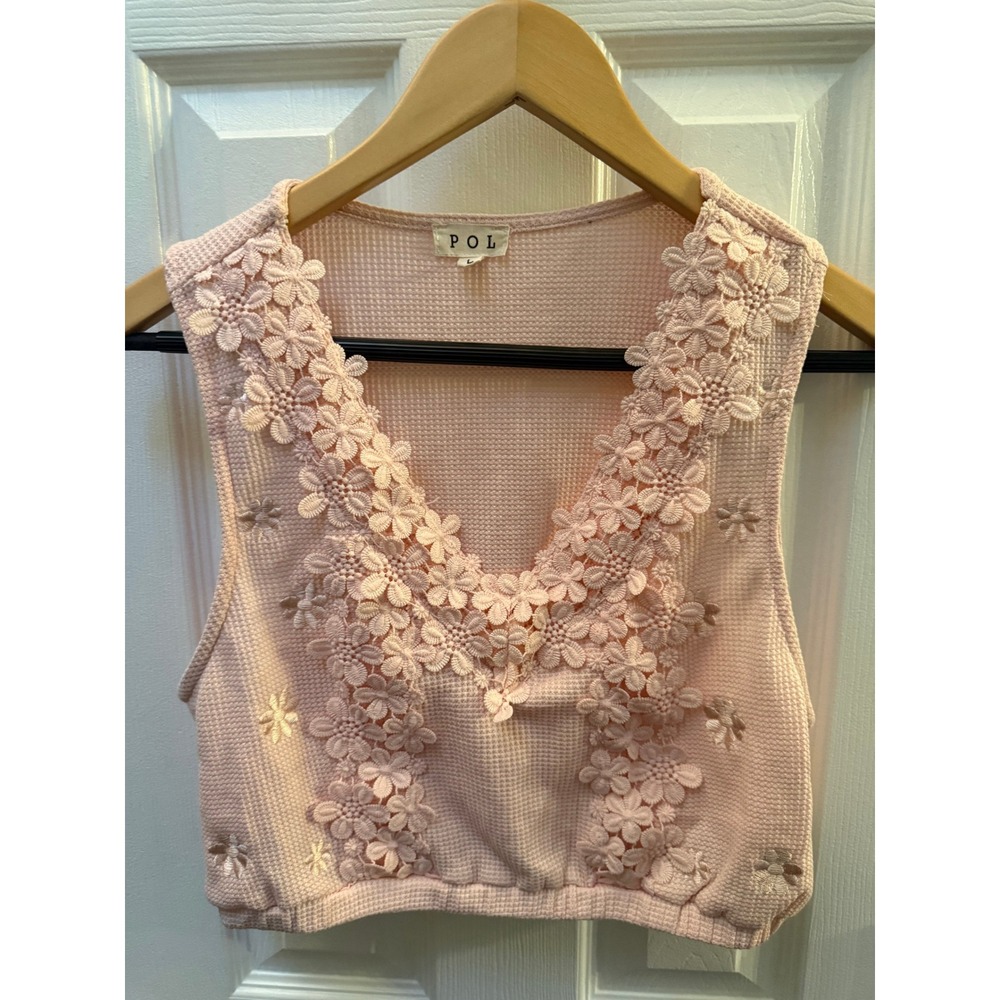 POL Pink Floral Lace Waffle Knit Crop Top L Boho Coquette Cottagecore Romantic